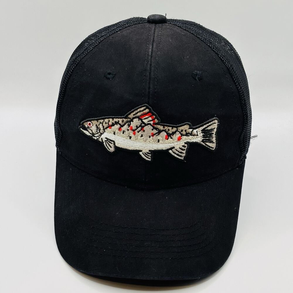 Mens Hat Black With Mountain Trout Mesh Back Baseball Cap Adult Trucker OSFM